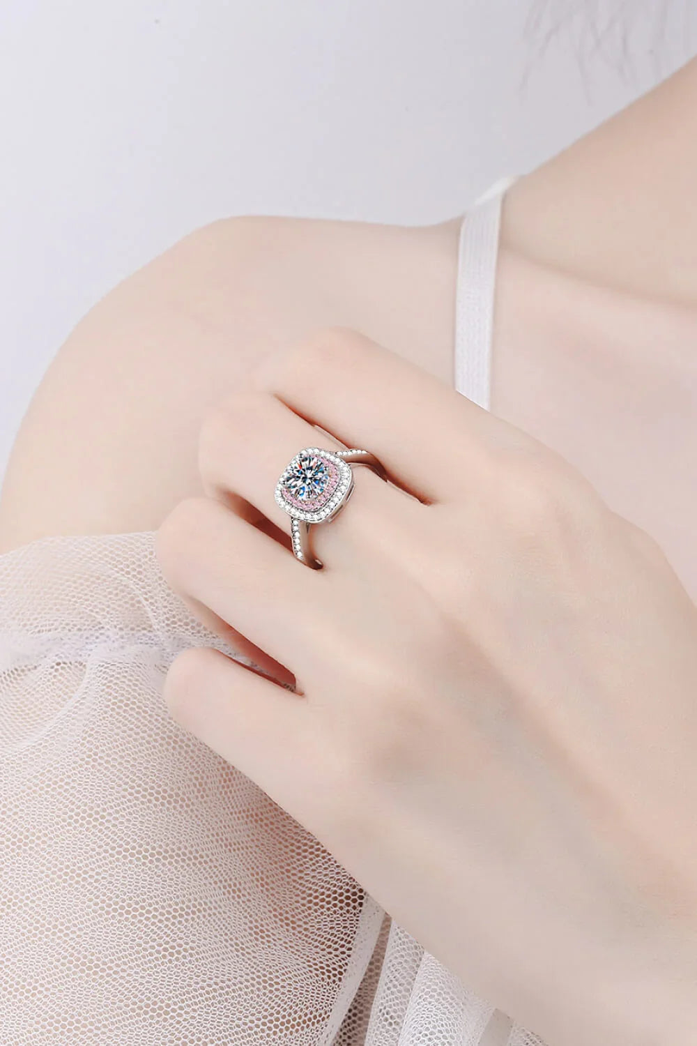 1 Carat Moissanite Sterling Silver Ring With Pink Halo - Southern Shores Clothing