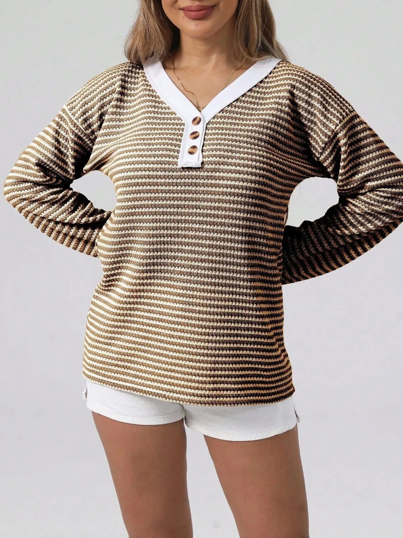 Striped Button Detail Long Sleeve Top - Southern Shores Clothing