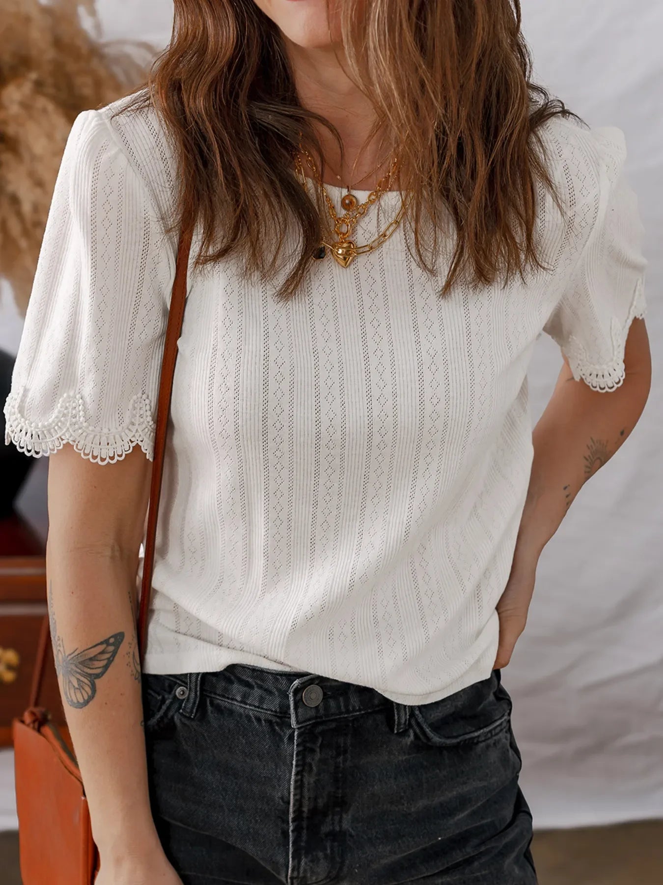 Scalloped Lace Trim Jacquard Textured T Shirt Stretch - Southern Shores Clothing