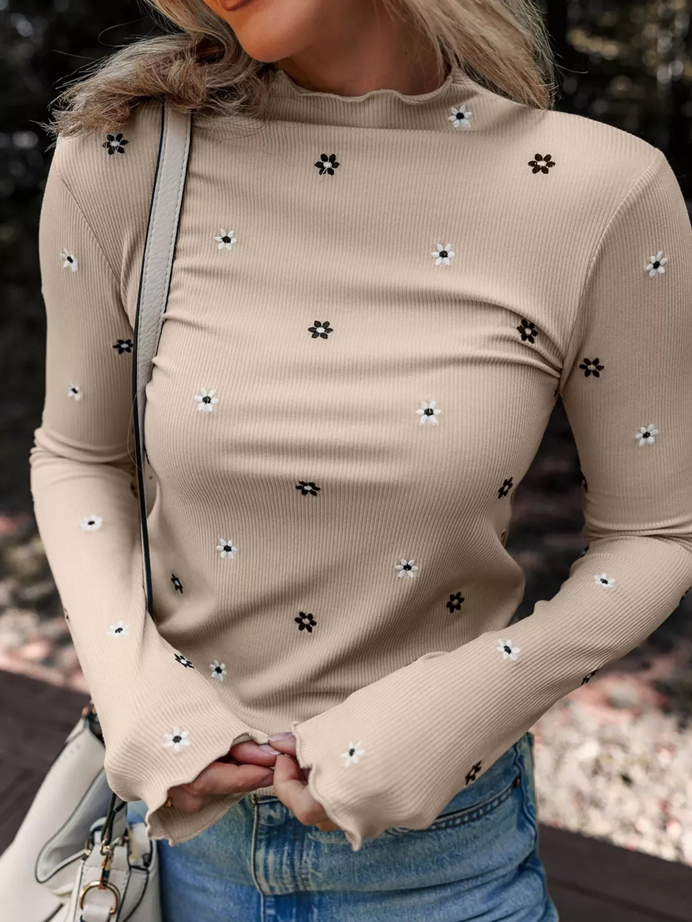 Floral Embroidered Detail Ribbed Long Sleeve Top - Southern Shores Clothing