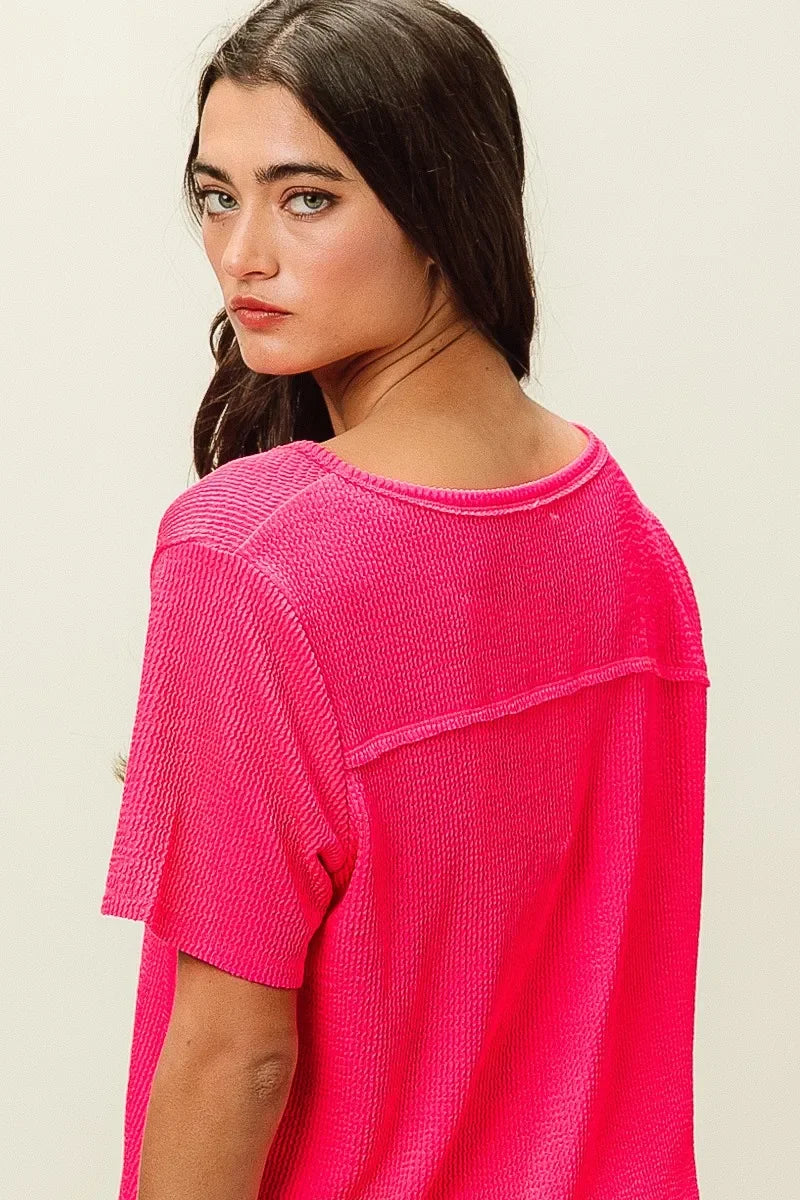 Waved Rib V Neck Top With Front Pocket Relaxed Fit - Southern Shores Clothing
