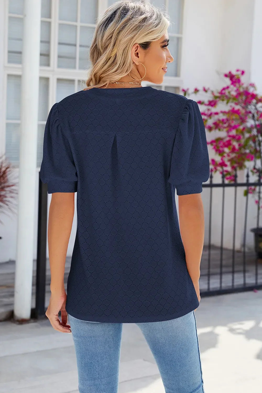 Eyelet Notched Puff Sleeve T-Shirt - Southern Shores Clothing
