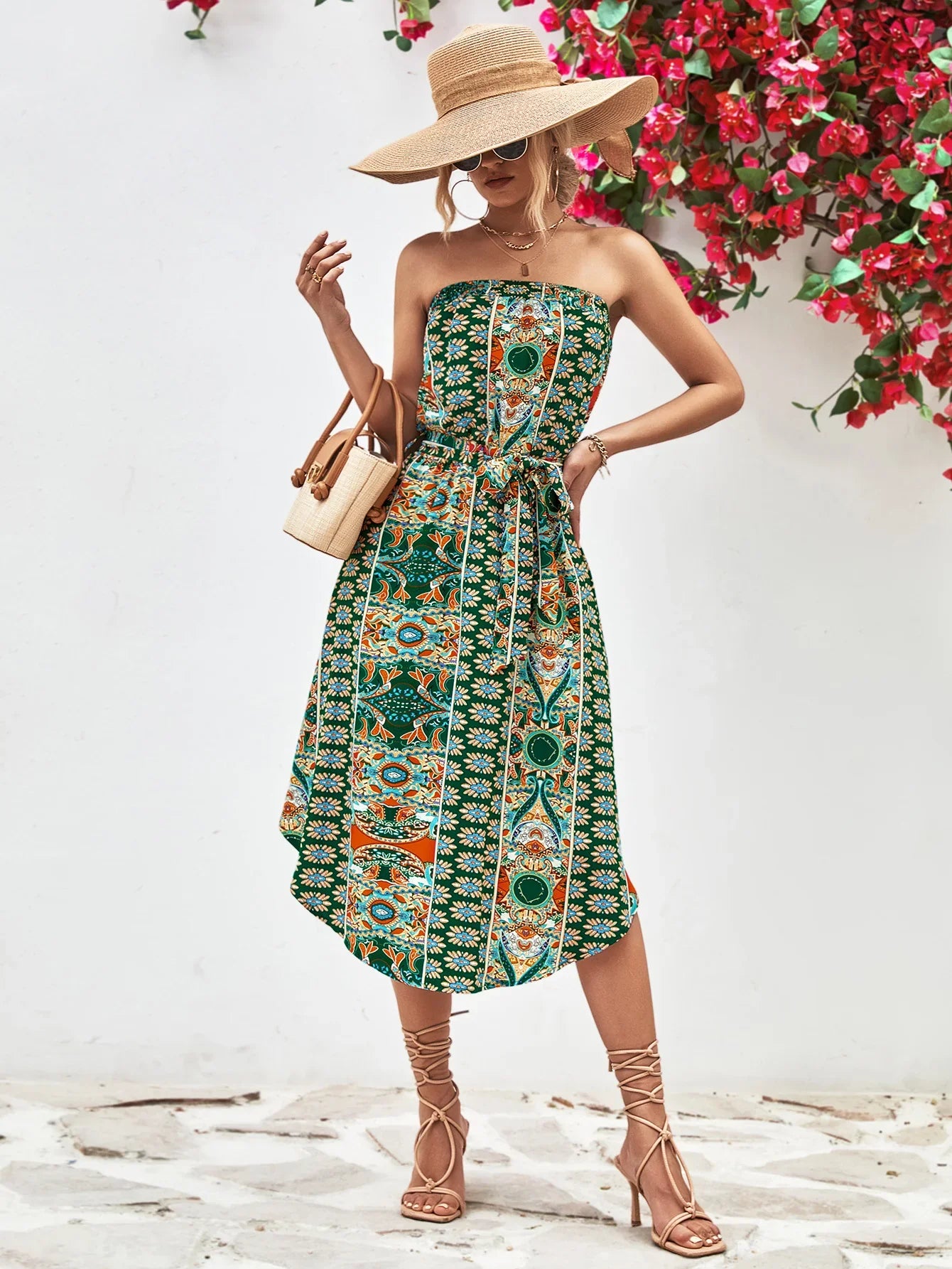 Printed Strapless Tie Belt Dress - Southern Shores Clothing