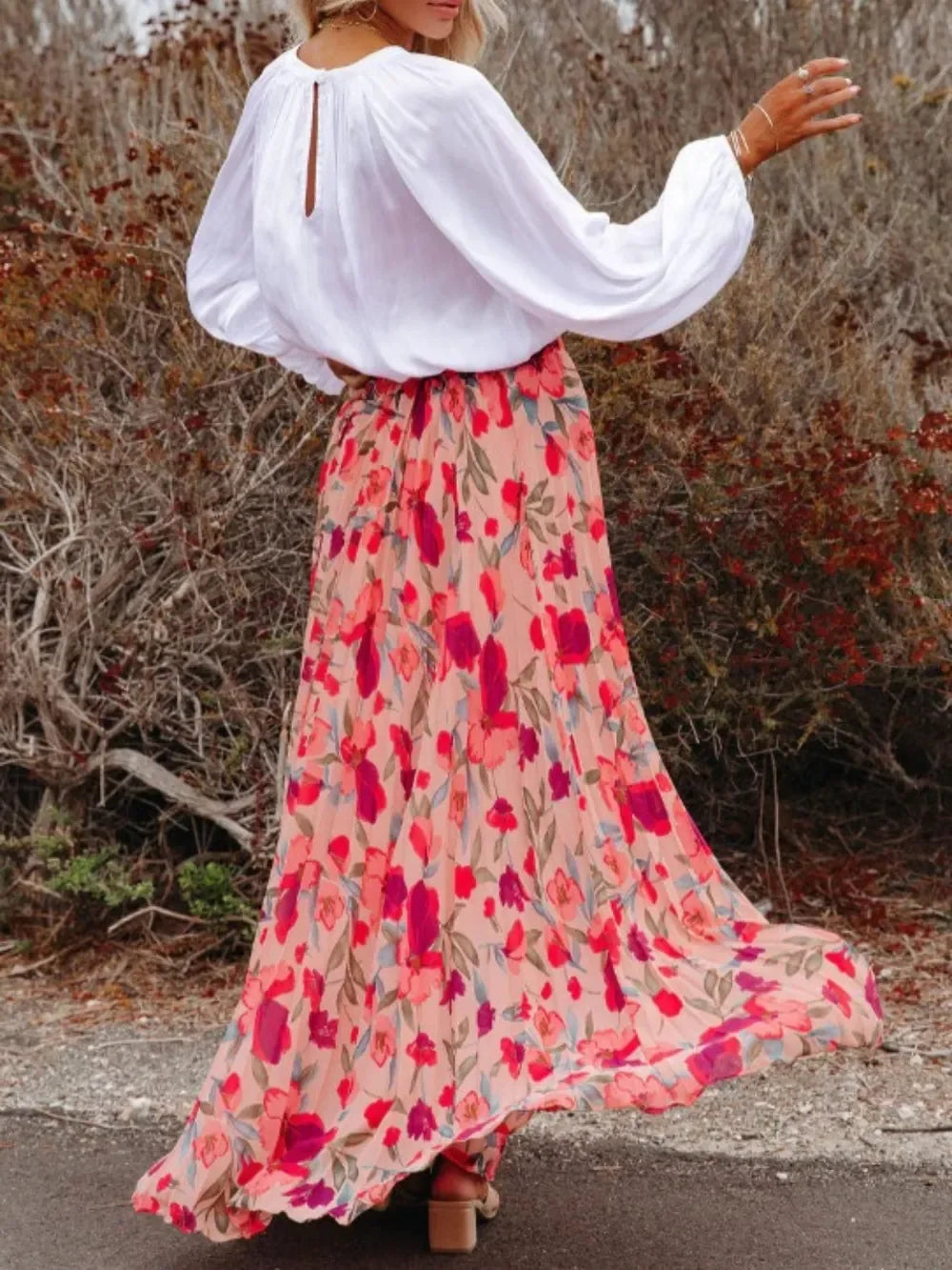 Printed Elastic Waist Pleated Maxi Skirt - Southern Shores Clothing
