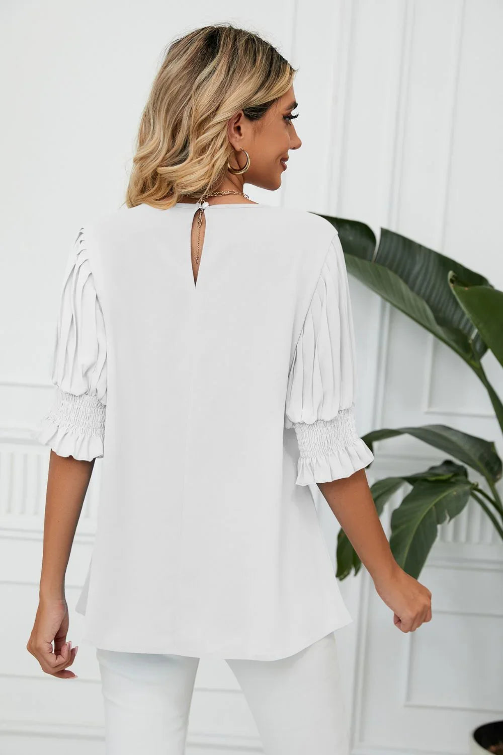 Pleated Flounce Sleeve Keyhole Blouse Polyester - Southern Shores Clothing