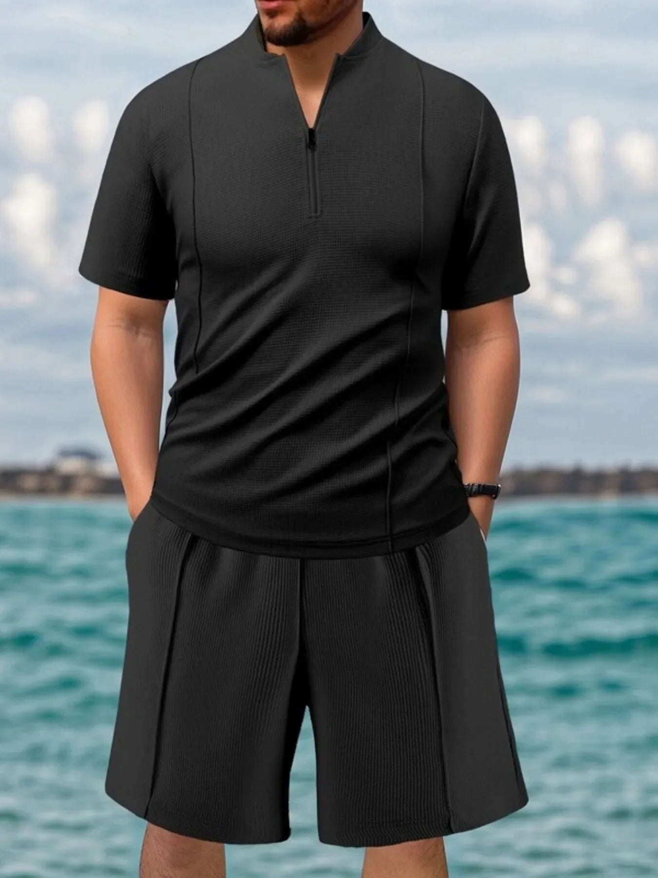 Men's Full Size Zip Front Short Sleeve Top and Shorts Set Plus Size - Southern Shores Clothing