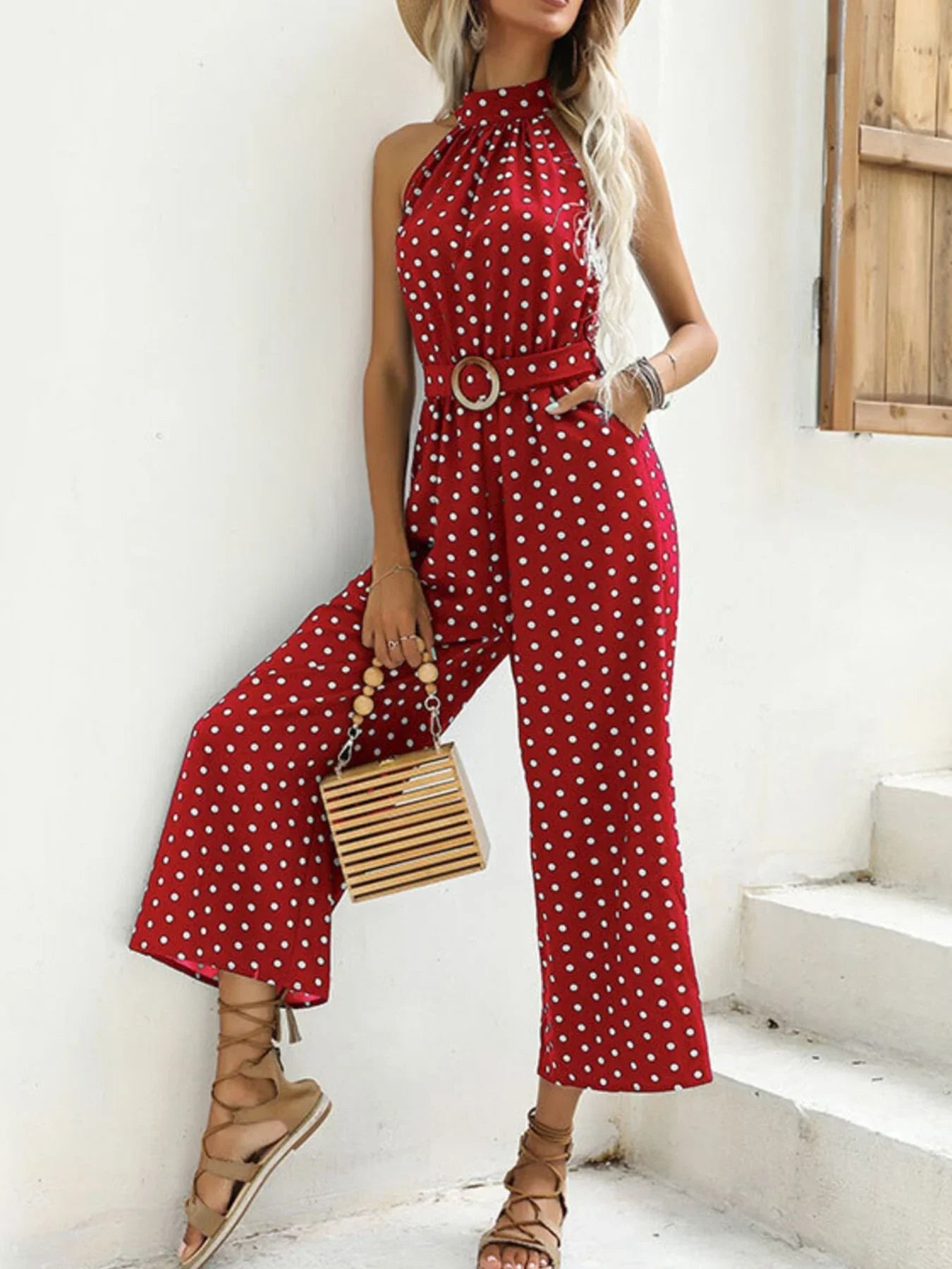 Polka Dot Halter Neck Wide Leg Jumpsuit Style - Southern Shores Clothing