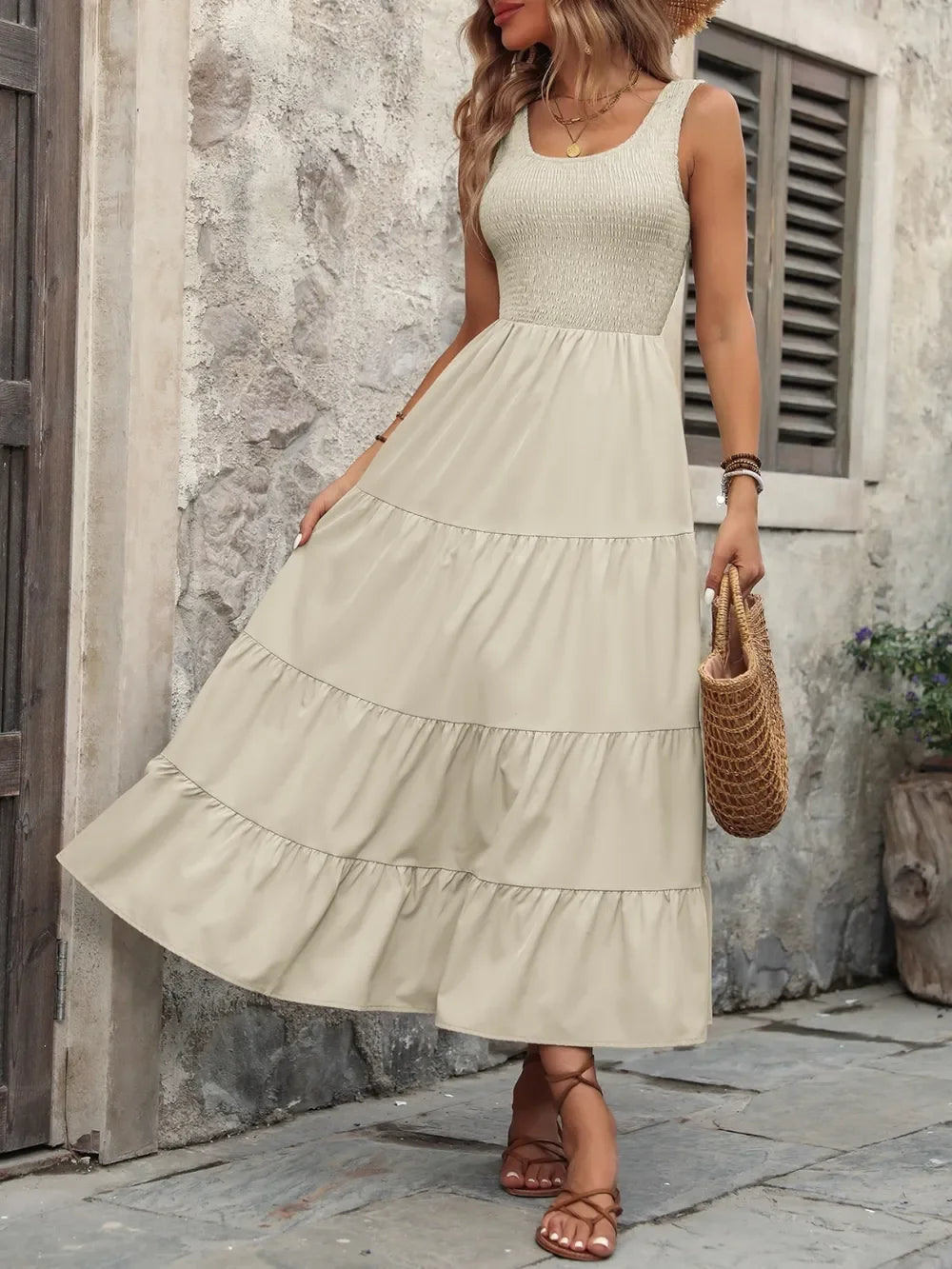 Smocked Scoop Neck Sleeveless Tank Dress - Southern Shores Clothing
