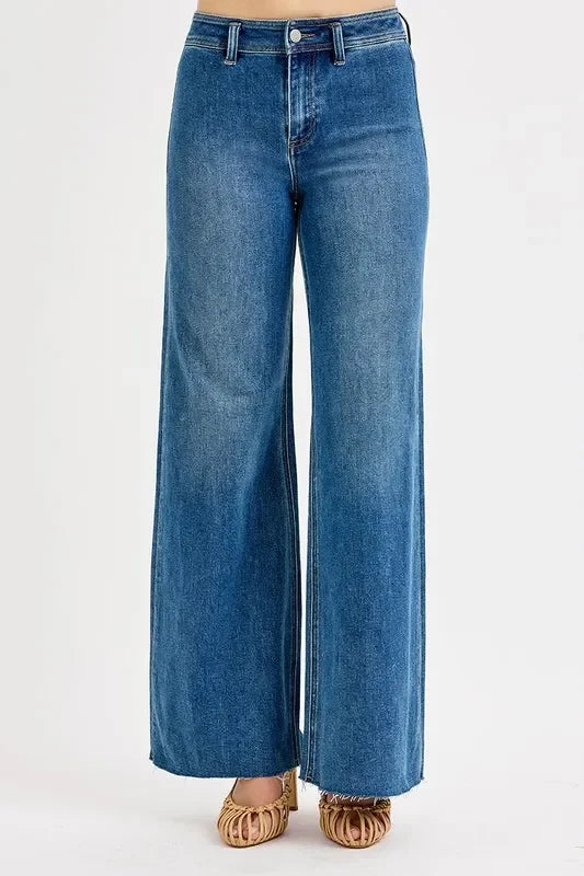 High Waisted Wide Leg Denim Jeans Vintage Inspired - Southern Shores Clothing