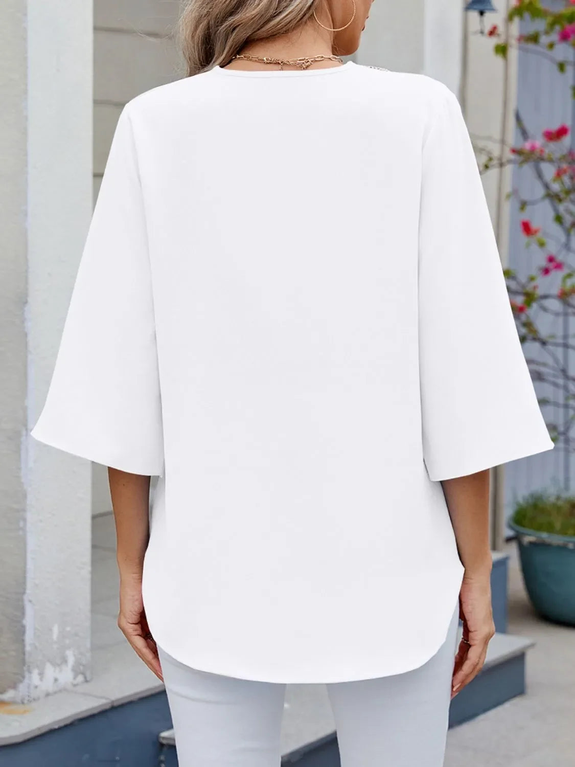 V-Neck Three Quarter Sleeve Lace Blouse Rayon Blend Fabric - Southern Shores Clothing