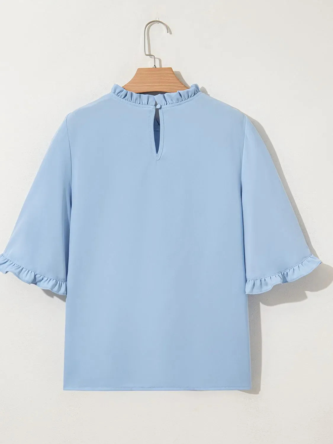 Frill Solid Round Neck Half Sleeve Blouse Polyester - Southern Shores Clothing