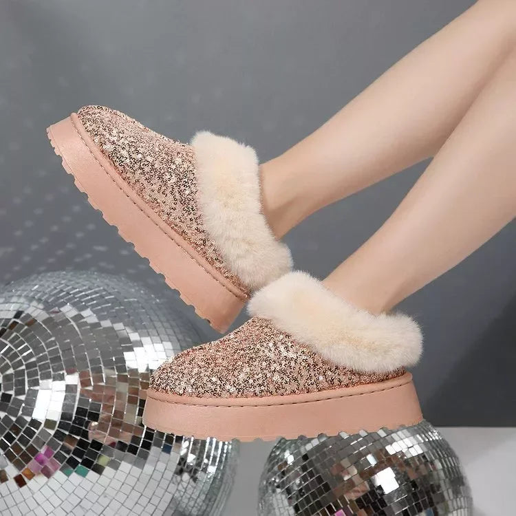Sequined Round Toe Platform Boots With Faux Fur Trim - Southern Shores Clothing