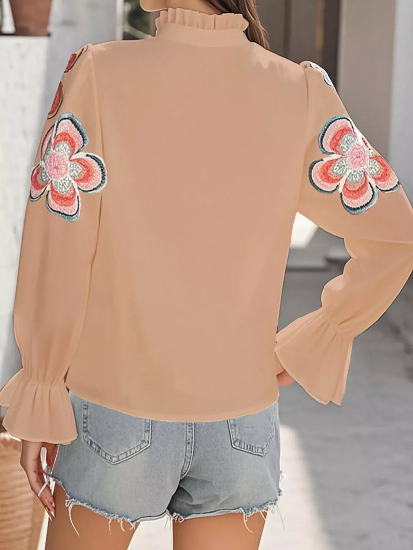 Floral Embroidered Notched Long Sleeve Blouse - Southern Shores Clothing