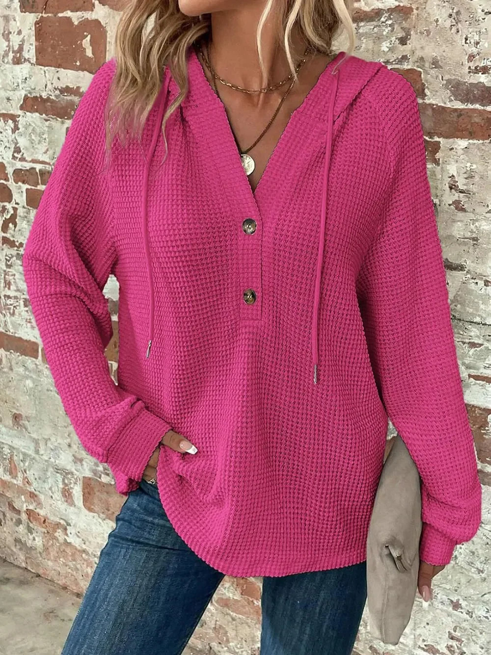 Waffle Knit Long Sleeve Drawstring Hooded Top - Southern Shores Clothing