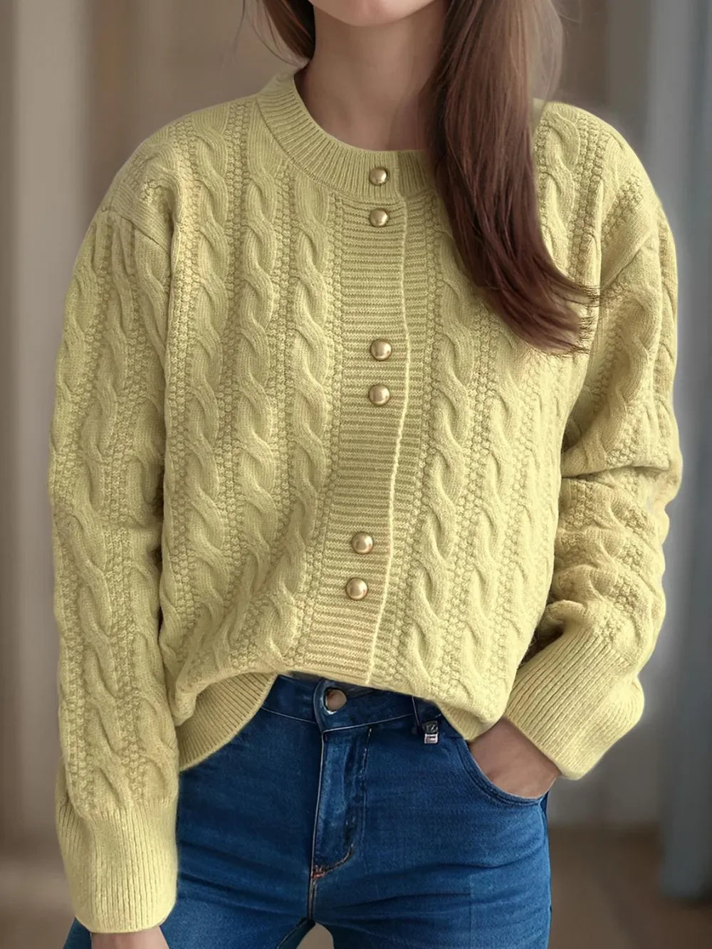 Cable-Knit Round-Neck Long Sleeve Cardigan Buttoned - Southern Shores Clothing