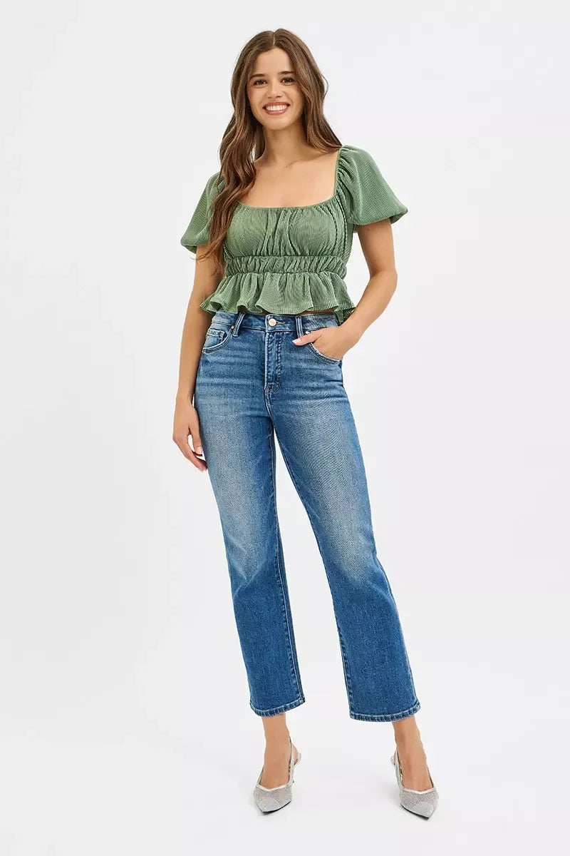 Tummy Control High Rise Crop Straight Denim Jeans - Southern Shores Clothing