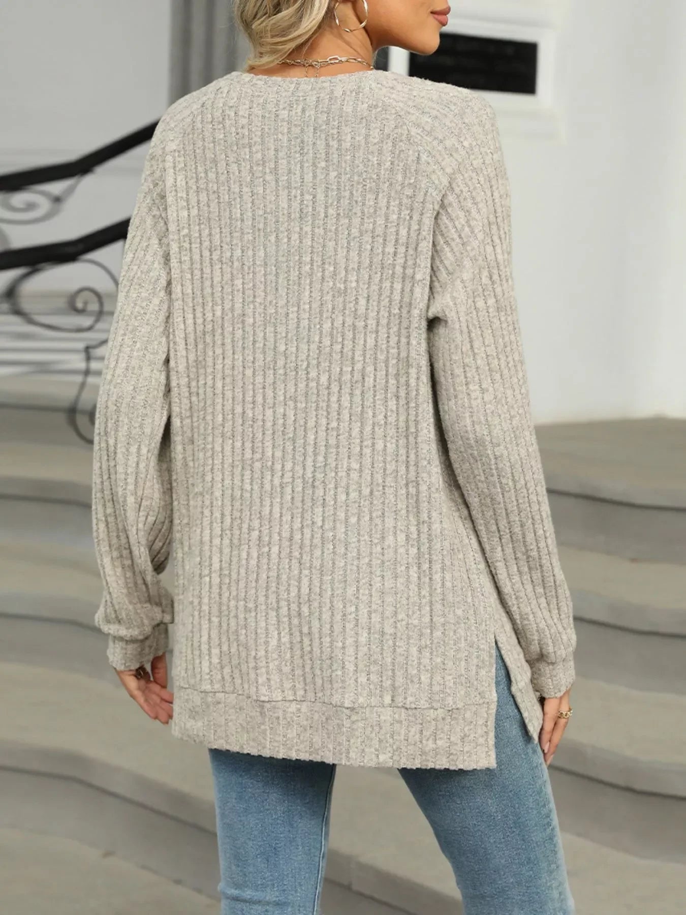 Round Neck Side Slit Ribbed Knit Top with Asymmetric Button Detail - Southern Shores Clothing