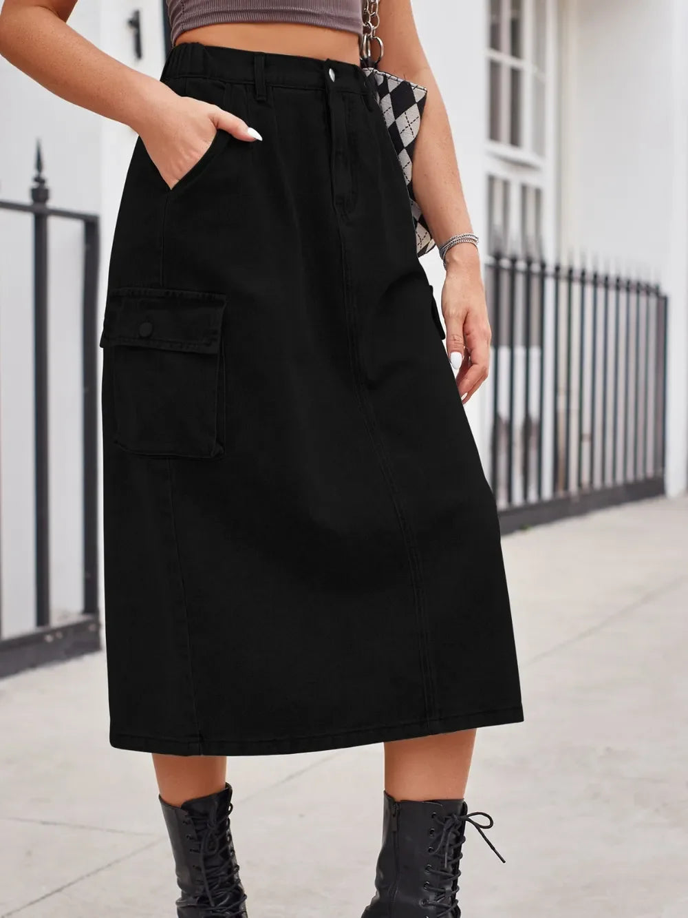 Slit Buttoned Denim Skirt With Pockets Classic - Southern Shores Clothing