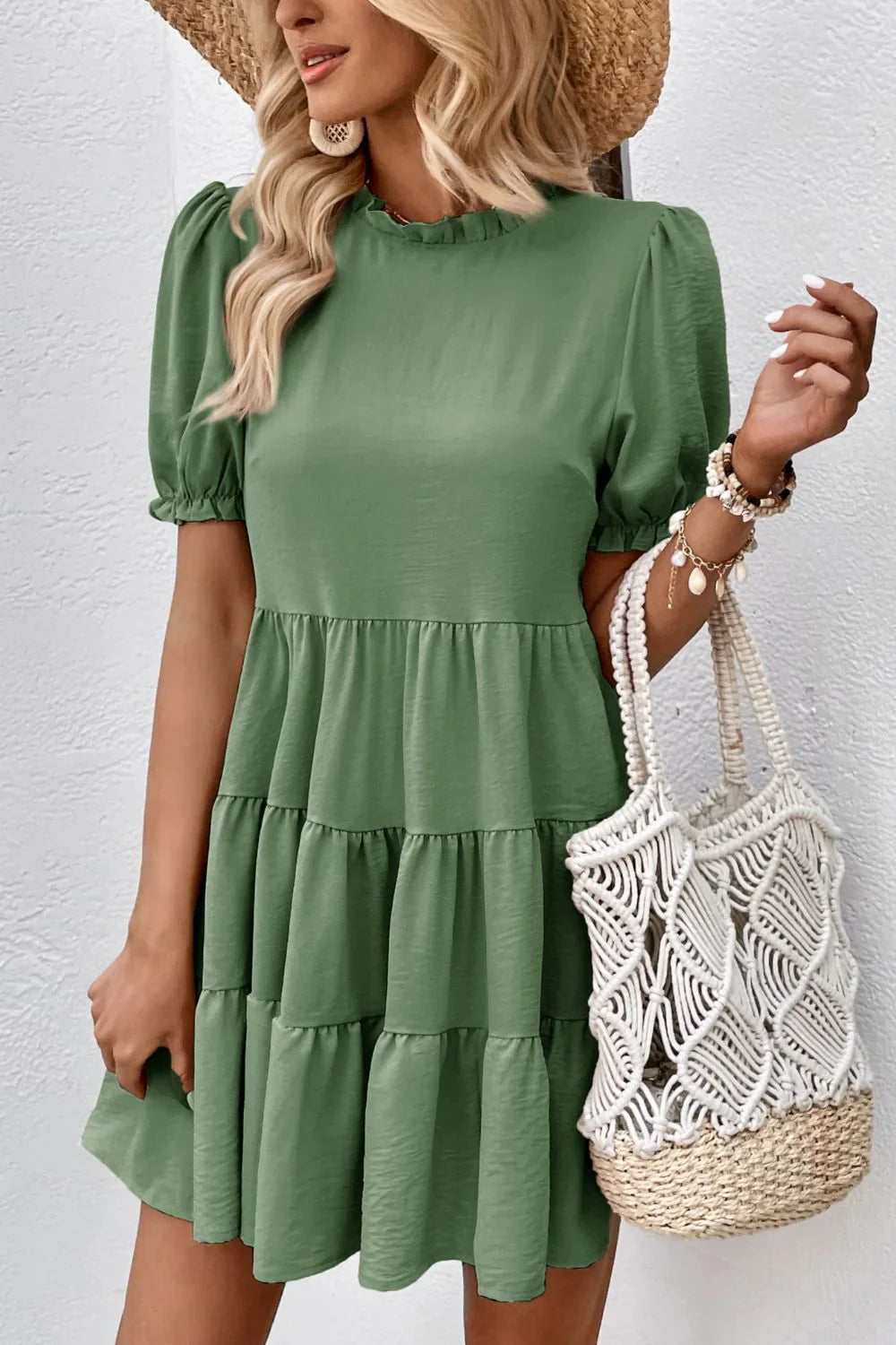 Perfee Puff Sleeve Tie Back Tiered Dress - Southern Shores Clothing
