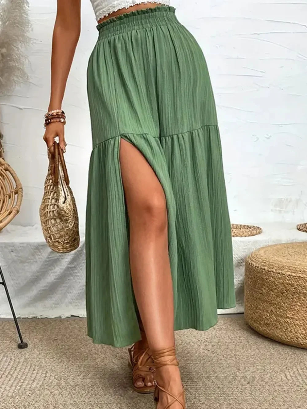 Lightweight Polyester Blend Frill Slit Skirt - Southern Shores Clothing