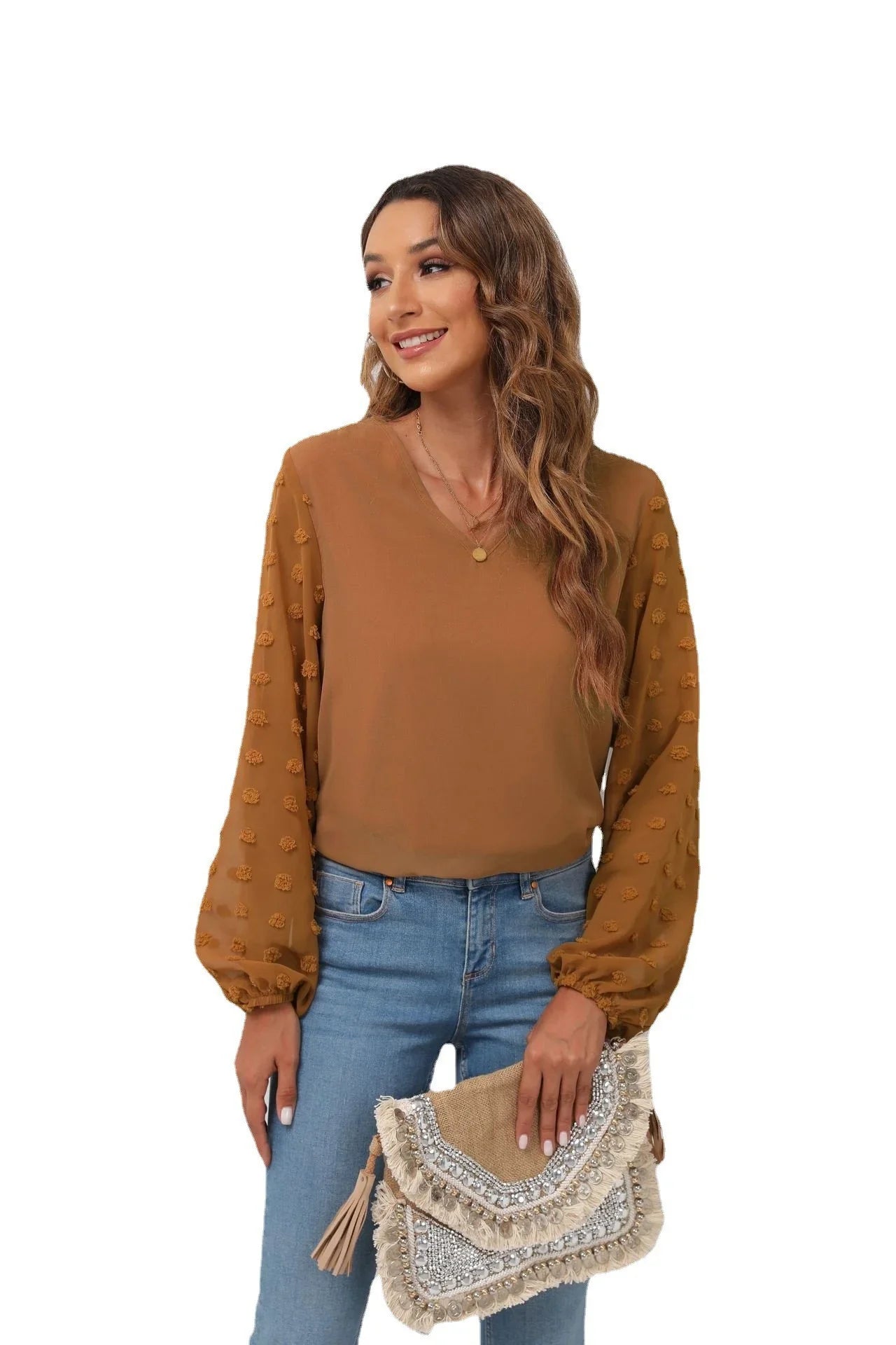 Stretch Swiss Dot V Neck Balloon Sleeve Blouse - Southern Shores Clothing