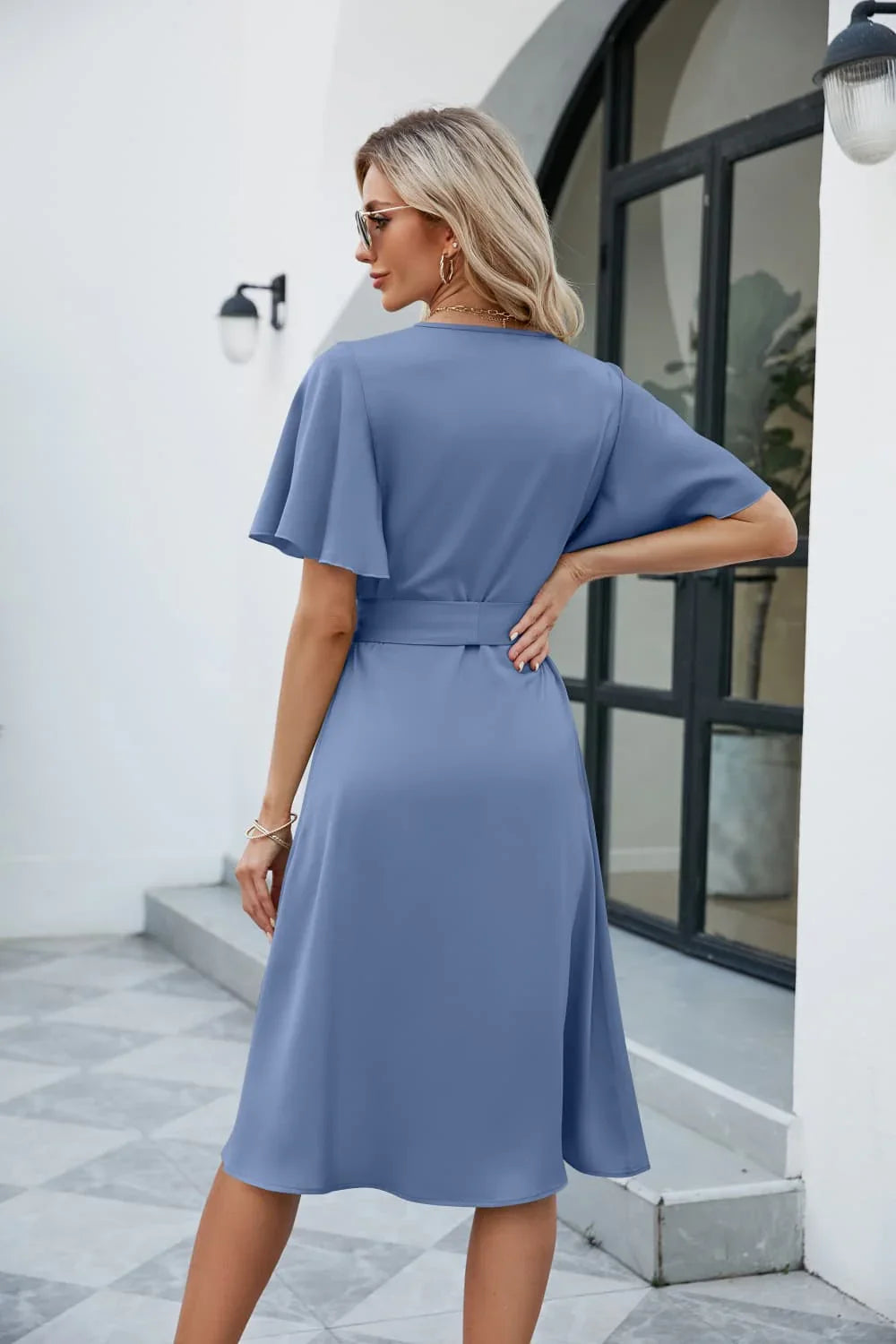Tie Waist Flutter Sleeve Surplice Dress - Southern Shores Clothing