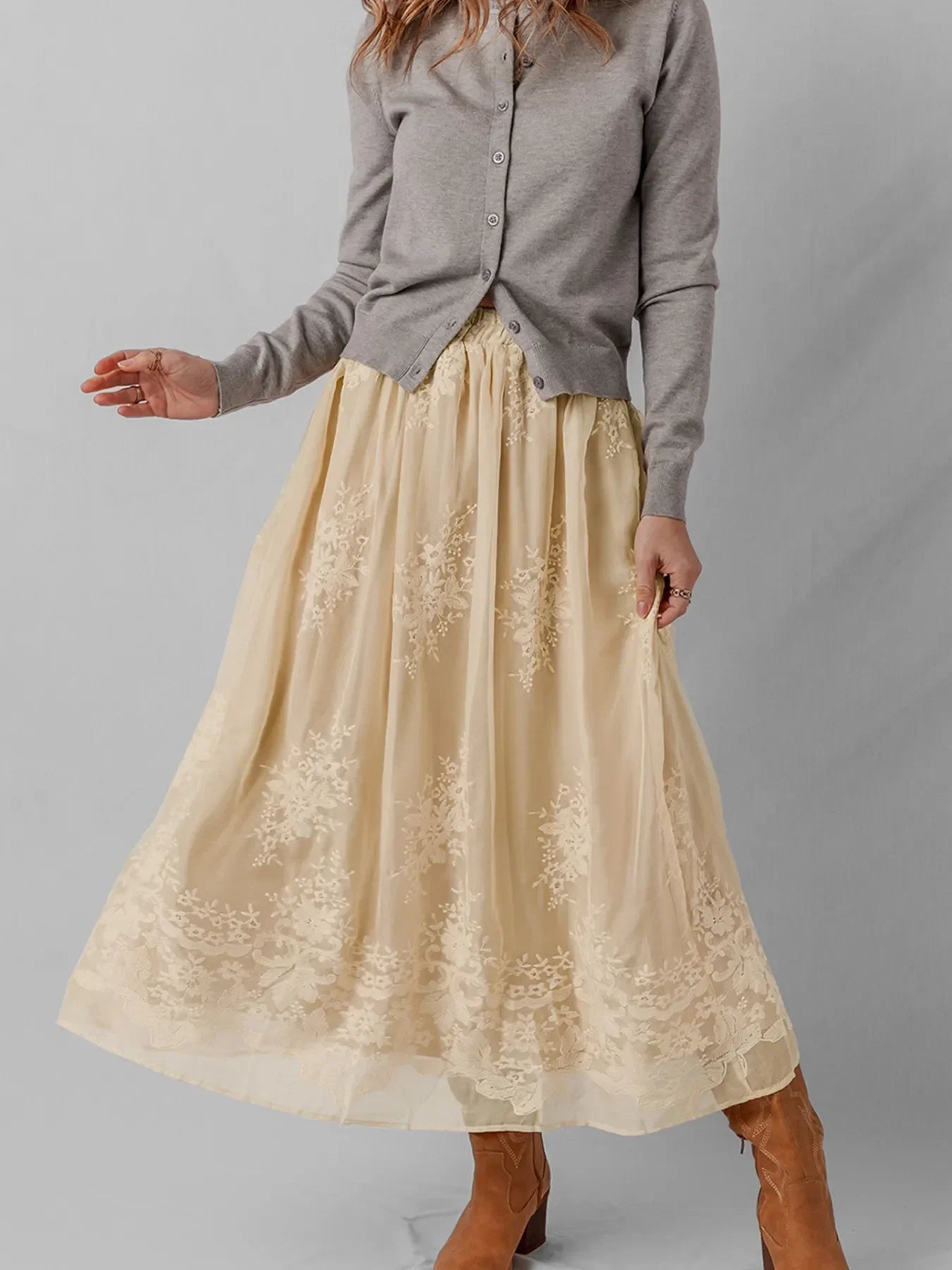 Flowing Embroidered Mesh Overlay Midi Skirt - Southern Shores Clothing