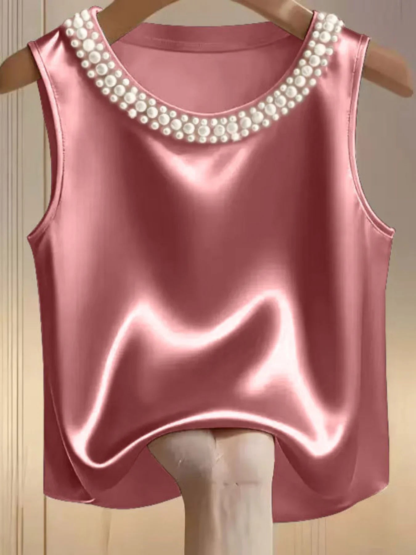 Elegant Satin Tank Top With Pearl Embellished Collar Detailing - Southern Shores Clothing