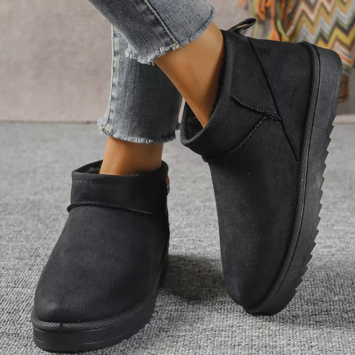 Suede Round Toe Platform Boots Flat Heel Rubber Sole