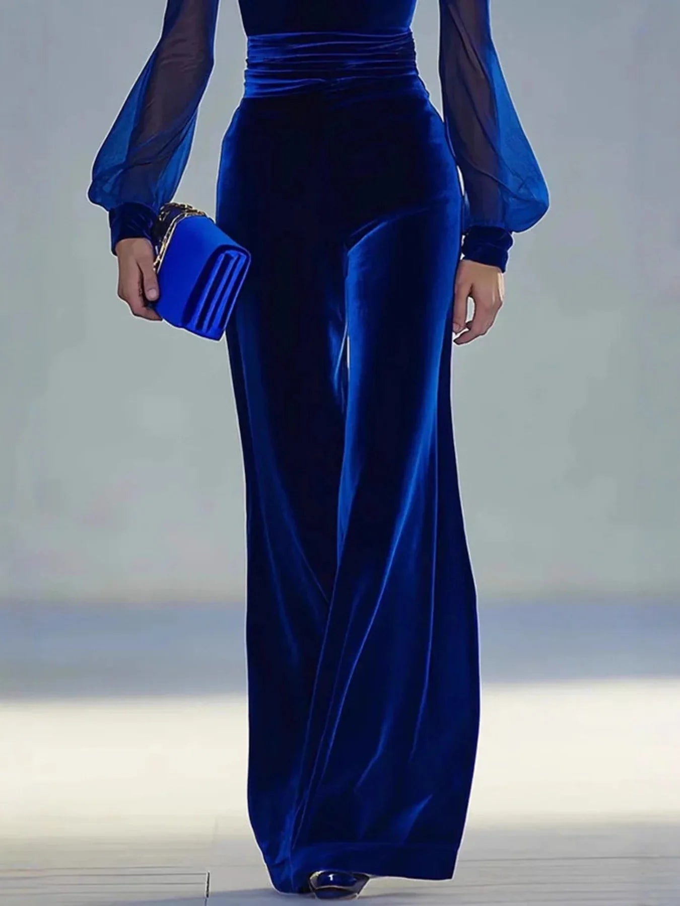 Velvet Wide Leg Jumpsuit With Sheer Sleeves - Southern Shores Clothing