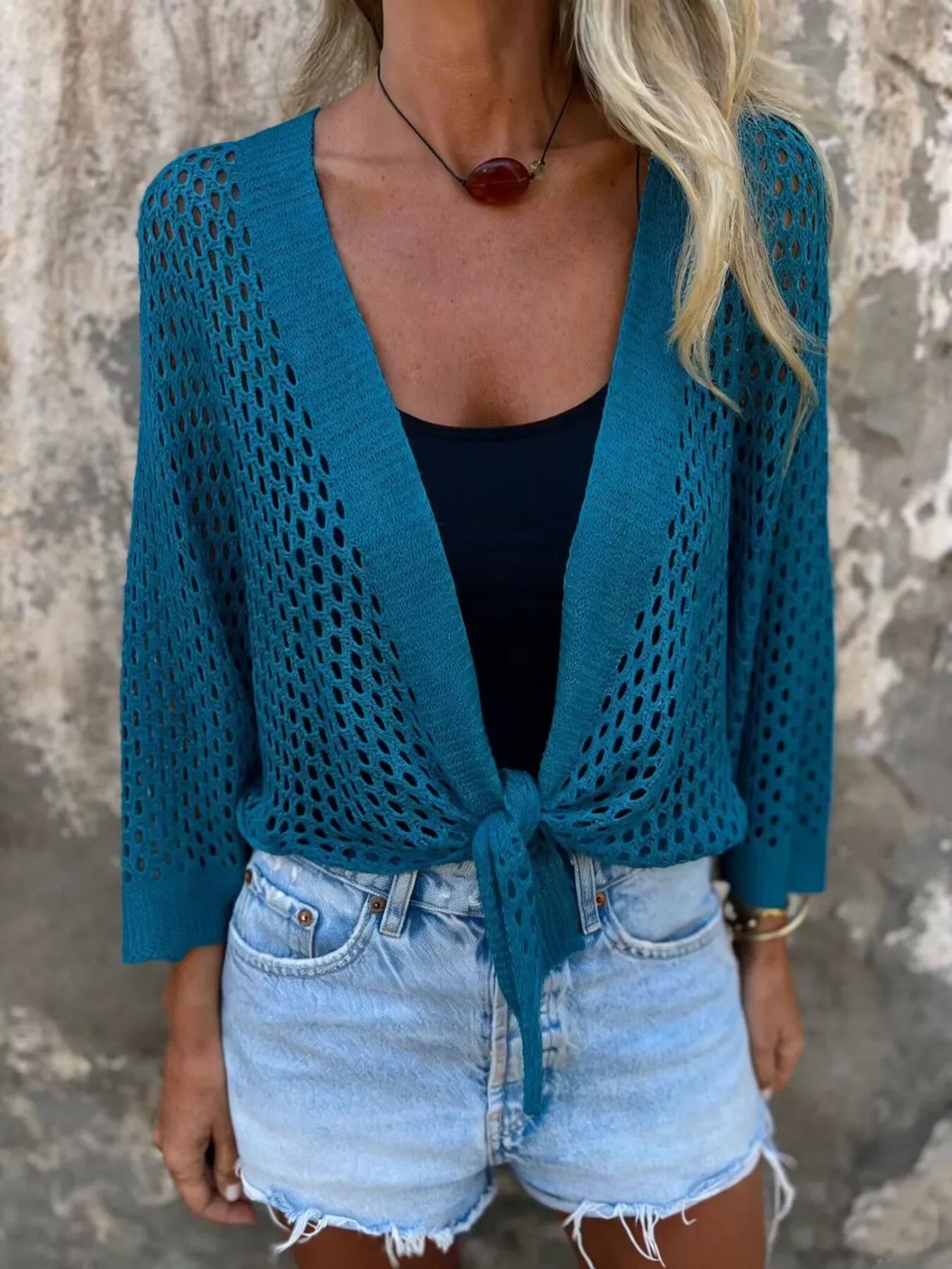 Tie-Front Crochet Knit Cover Up With Openwork Detailing - Southern Shores Clothing