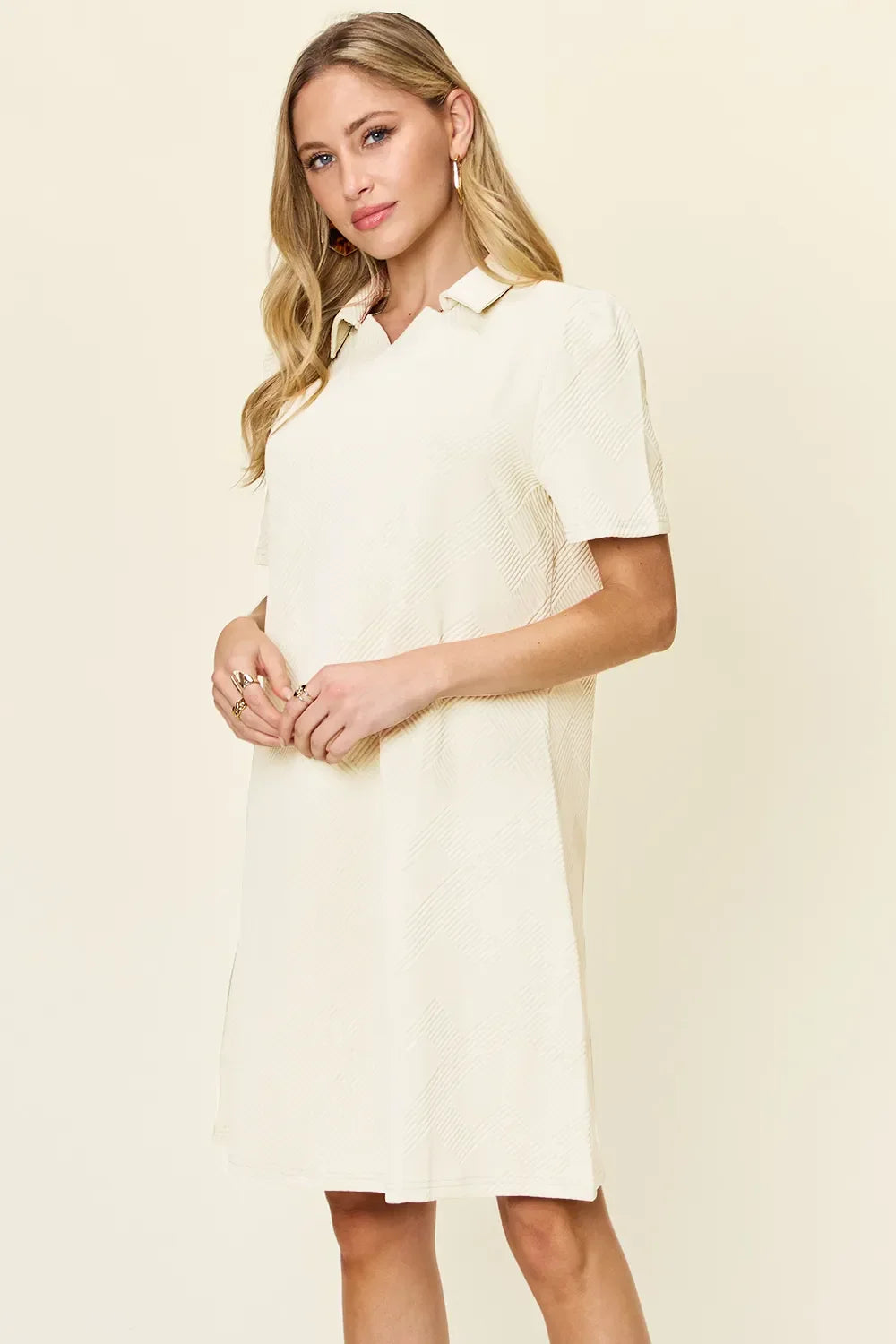 Textured Collared Neck Short Sleeve Dress - Southern Shores Clothing