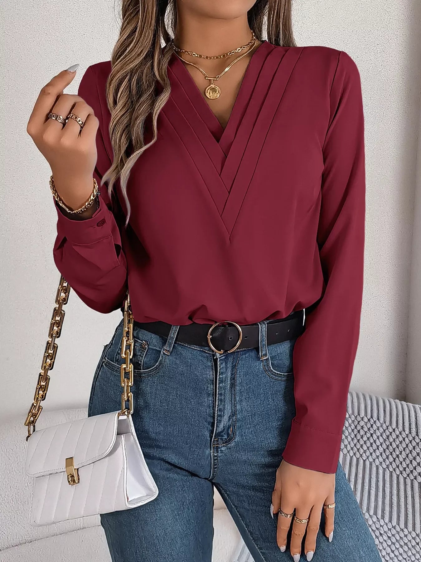 Layered V-Neck Long Sleeve Polyester Blouse - Southern Shores Clothing