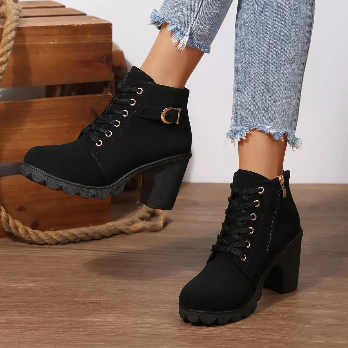 Lace Up Buckle Chunky Heel Ankle Boots Suede Rubber