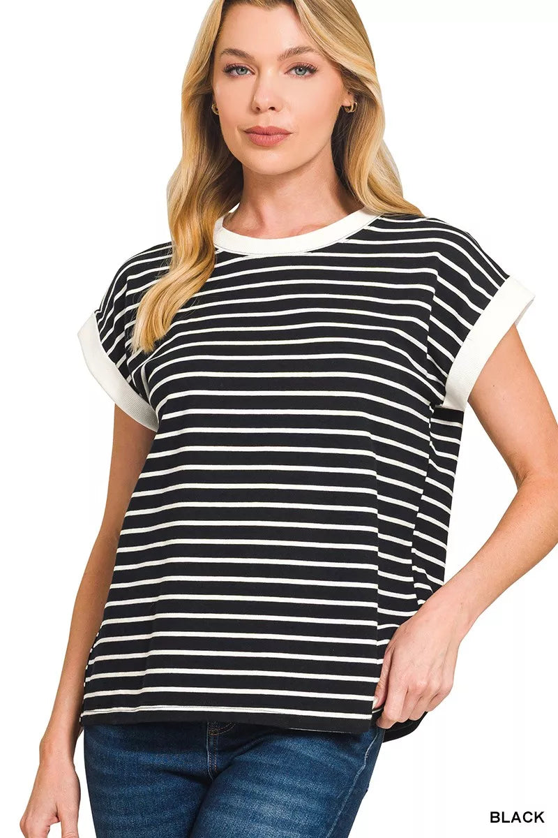 Plus Size Contrast Trim Cap Sleeve Stripe Tee