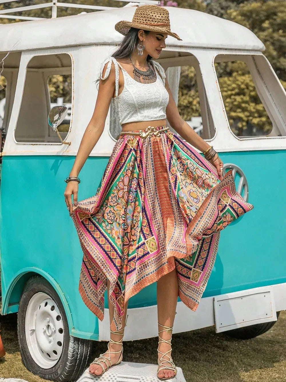 Printed High Waist Handkerchief Hem Skirt - Southern Shores Clothing