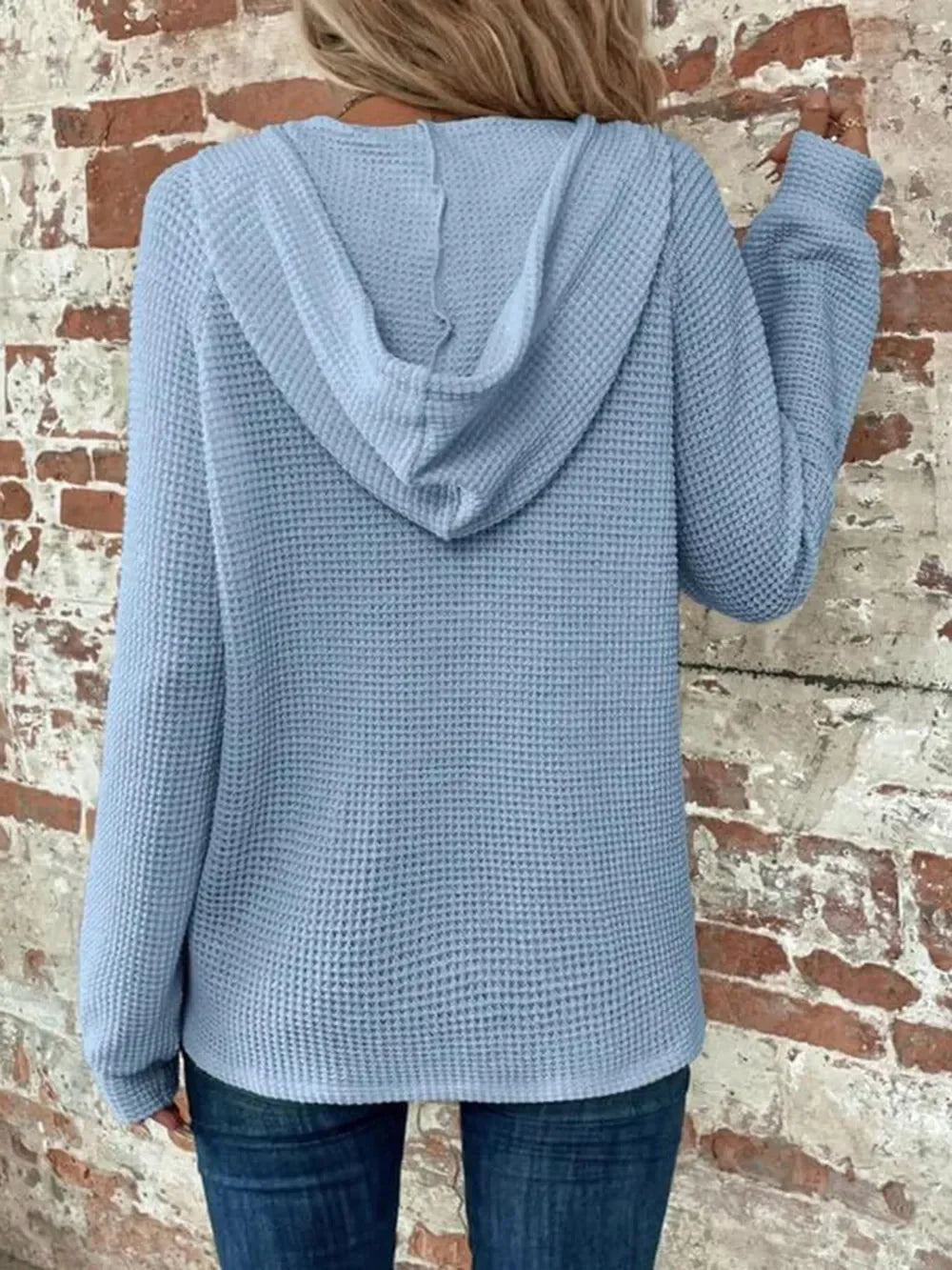 Waffle Knit Long Sleeve Drawstring Hooded Top - Southern Shores Clothing