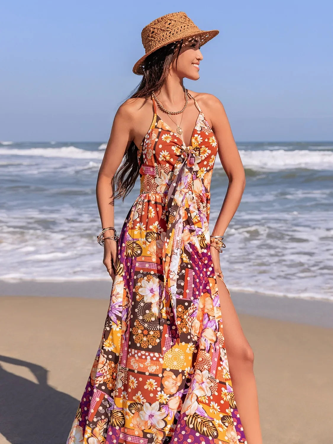 Slit Printed Halter Neck Cami Dress With Tie Front Allover - Southern Shores Clothing