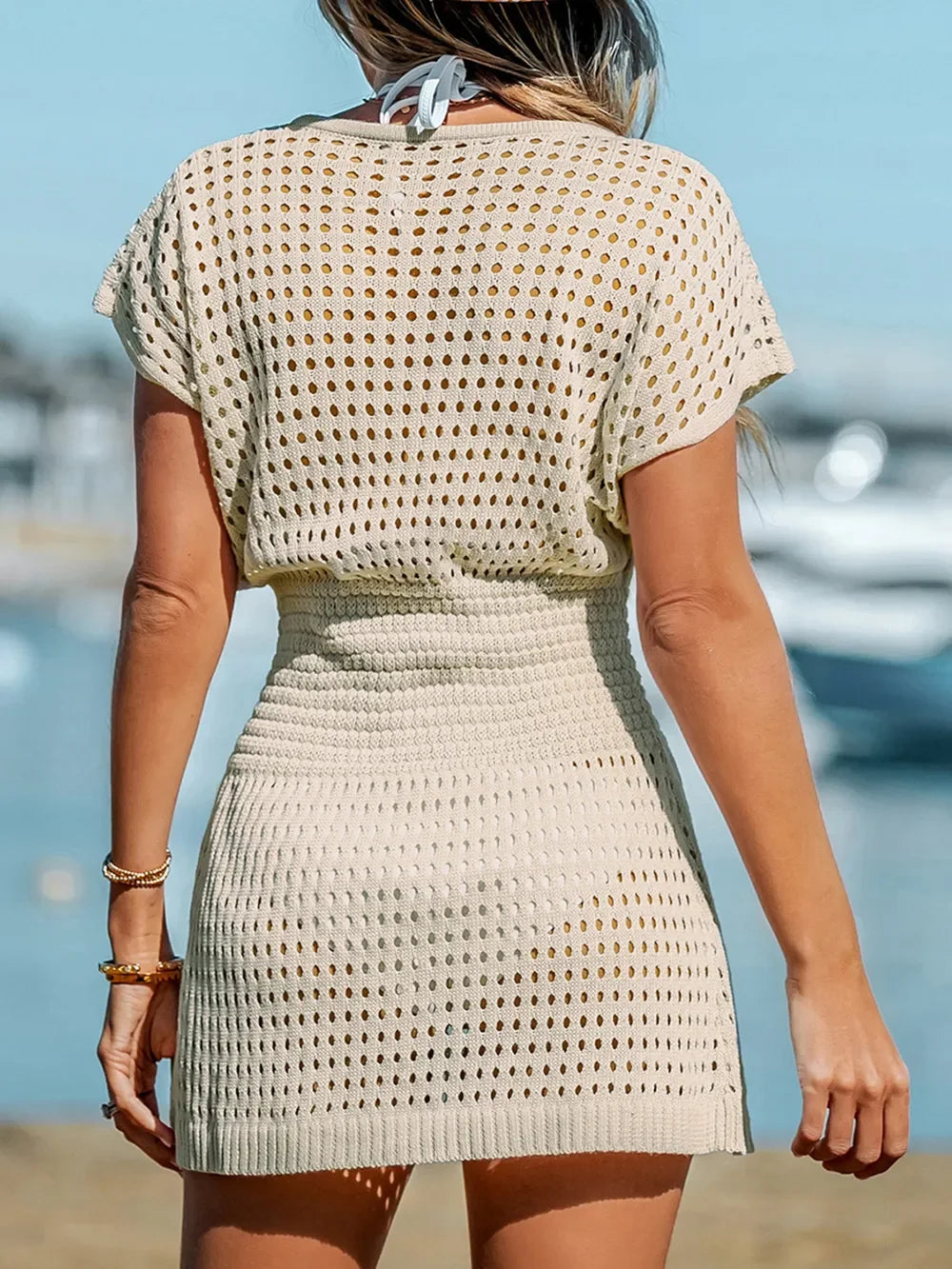 Openwork V Neck Short Sleeve Breathable Cover Up - Southern Shores Clothing