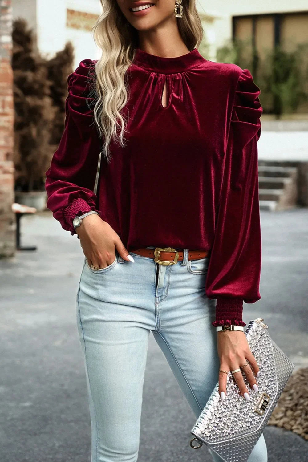 Southern Shores Clothing Long Sleeve Tie Up Mock Neck Velvet Fabric Blouse Design For Everyday Wear - Southern Shores Clothing