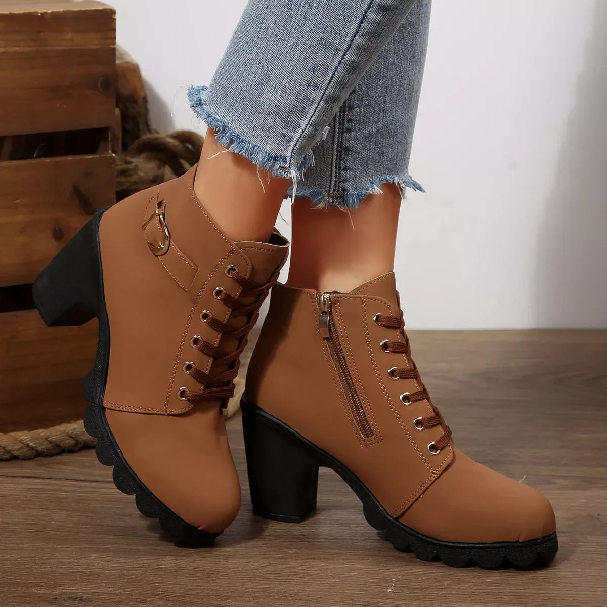 Lace Up Buckle Chunky Heel Ankle Boots Suede Rubber