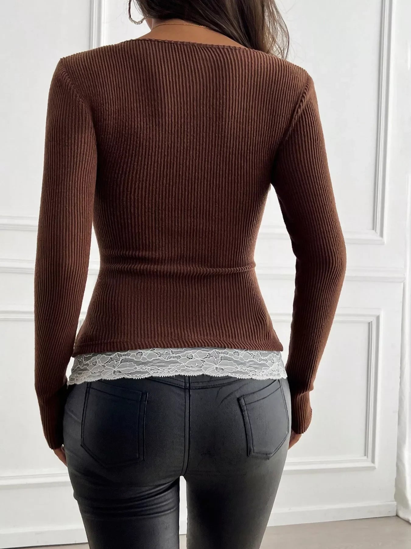 Lace Detail Long Sleeve Ribbed Top - Southern Shores Clothing