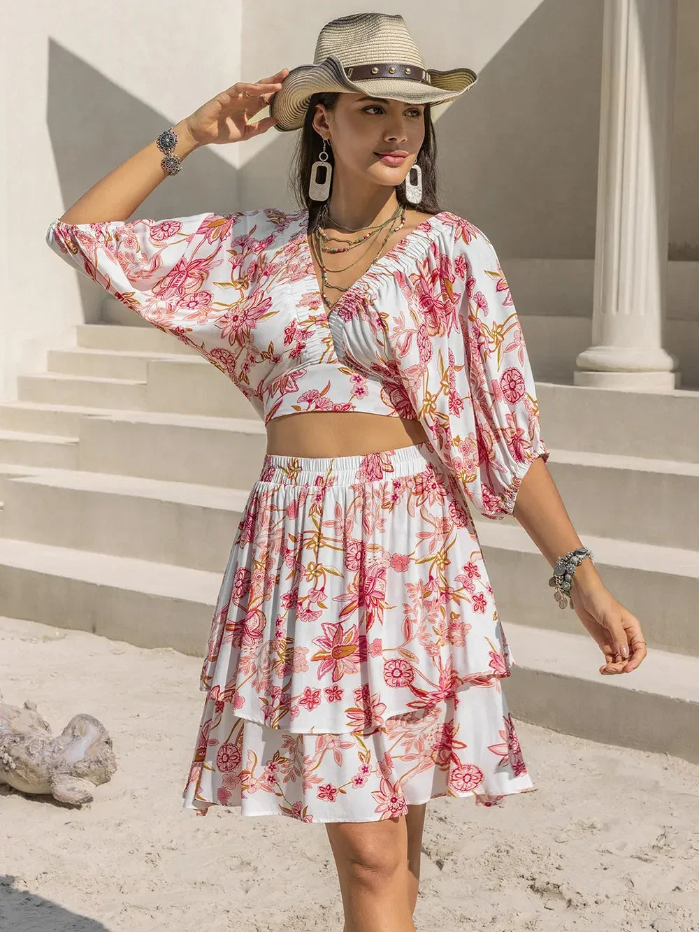 Floral Print Two Piece Half Sleeve Top and Layered Skirt Set - Southern Shores Clothing