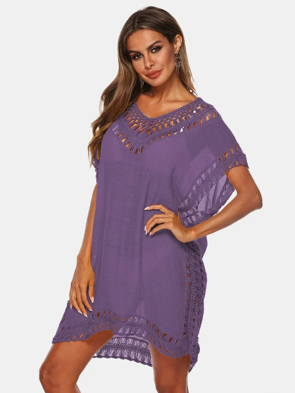 Cutout V-Neck Short Sleeve Cover-Up One Size - Southern Shores Clothing