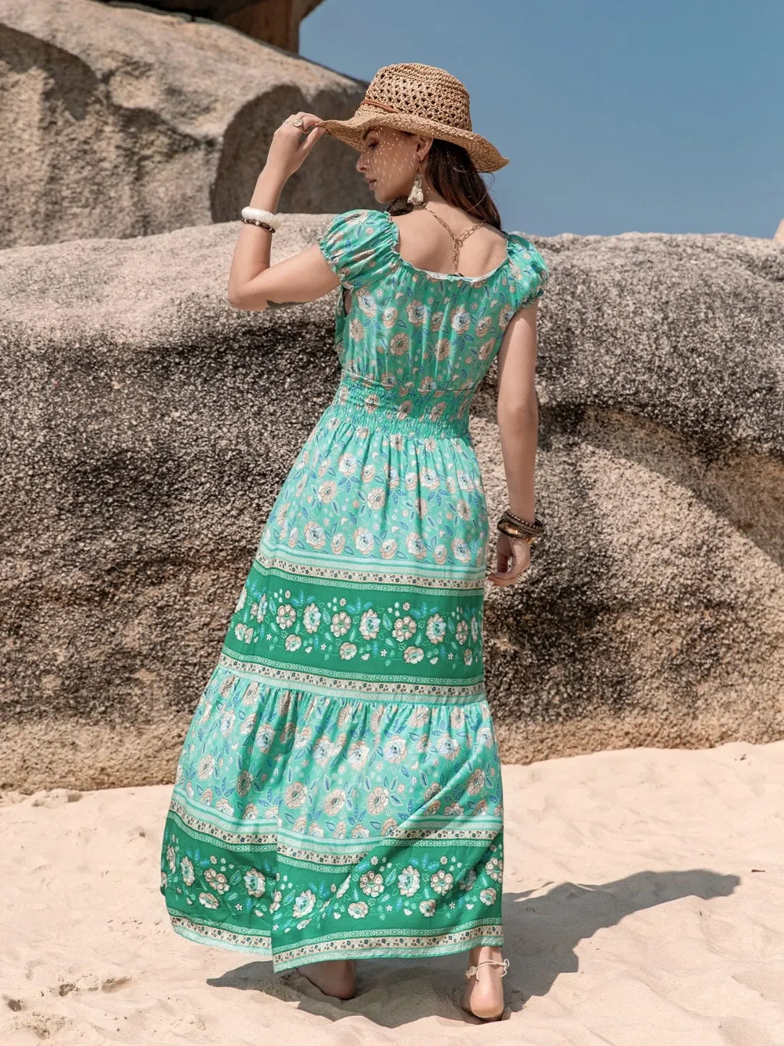 Smocked Printed V-Neck Dress With Ruched Bodice And Tiered Skirt - Southern Shores Clothing