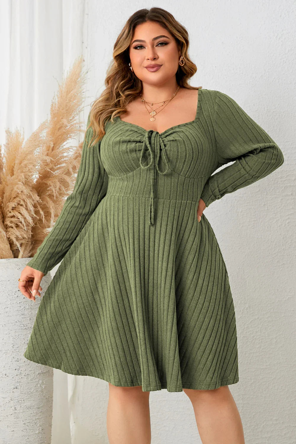 Plus Size Sweetheart Neck Long Sleeve Ribbed Dress - Southern Shores Clothing