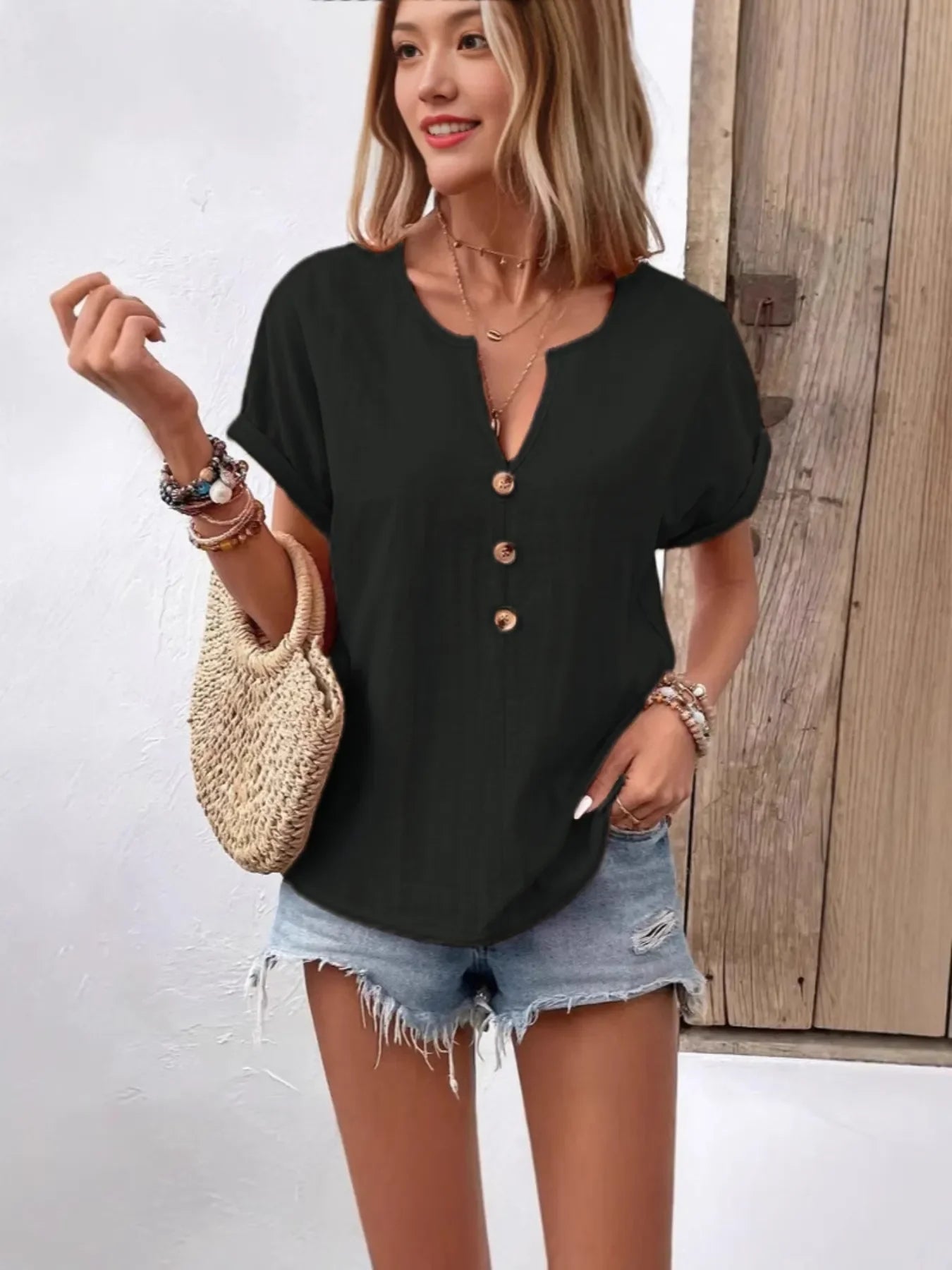 Plus Size Notched Short Sleeve T Shirt With Button Front - Southern Shores Clothing