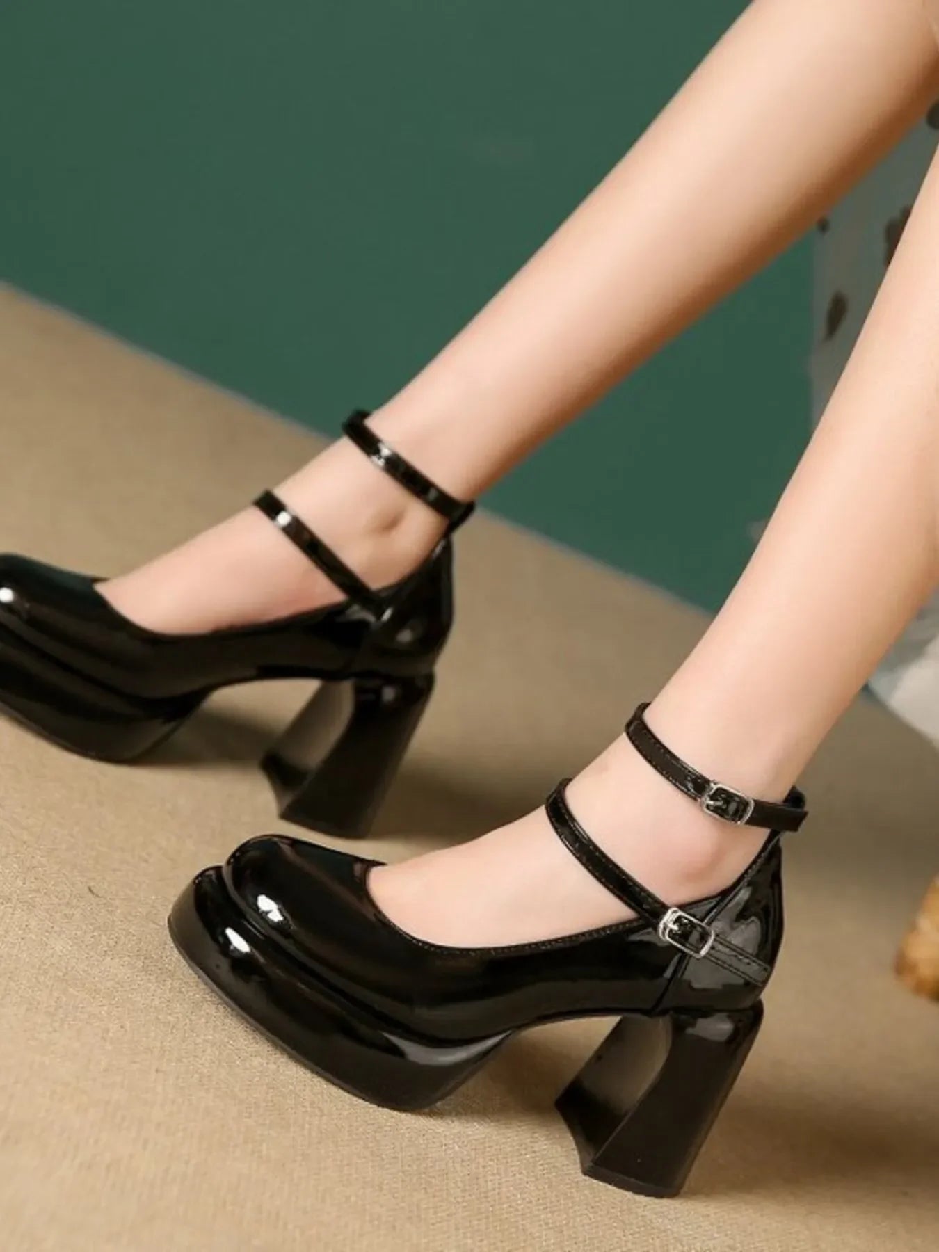 Patent Leather Mary Jane Platform Pumps Mid Heel - Southern Shores Clothing