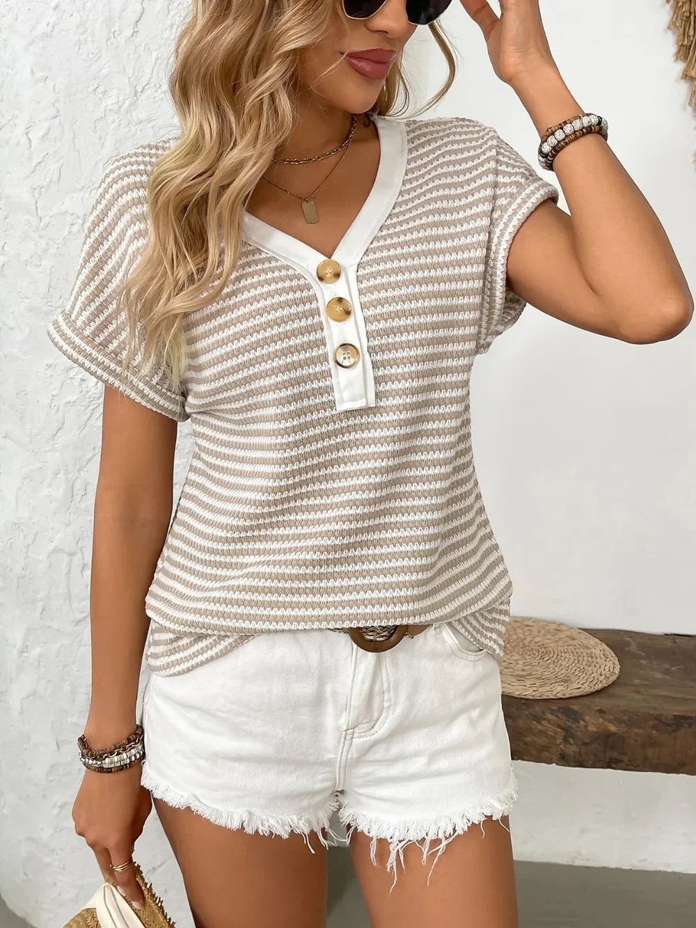 Striped V Neck Short Sleeve Buttoned Stretch T Shirt - Southern Shores Clothing