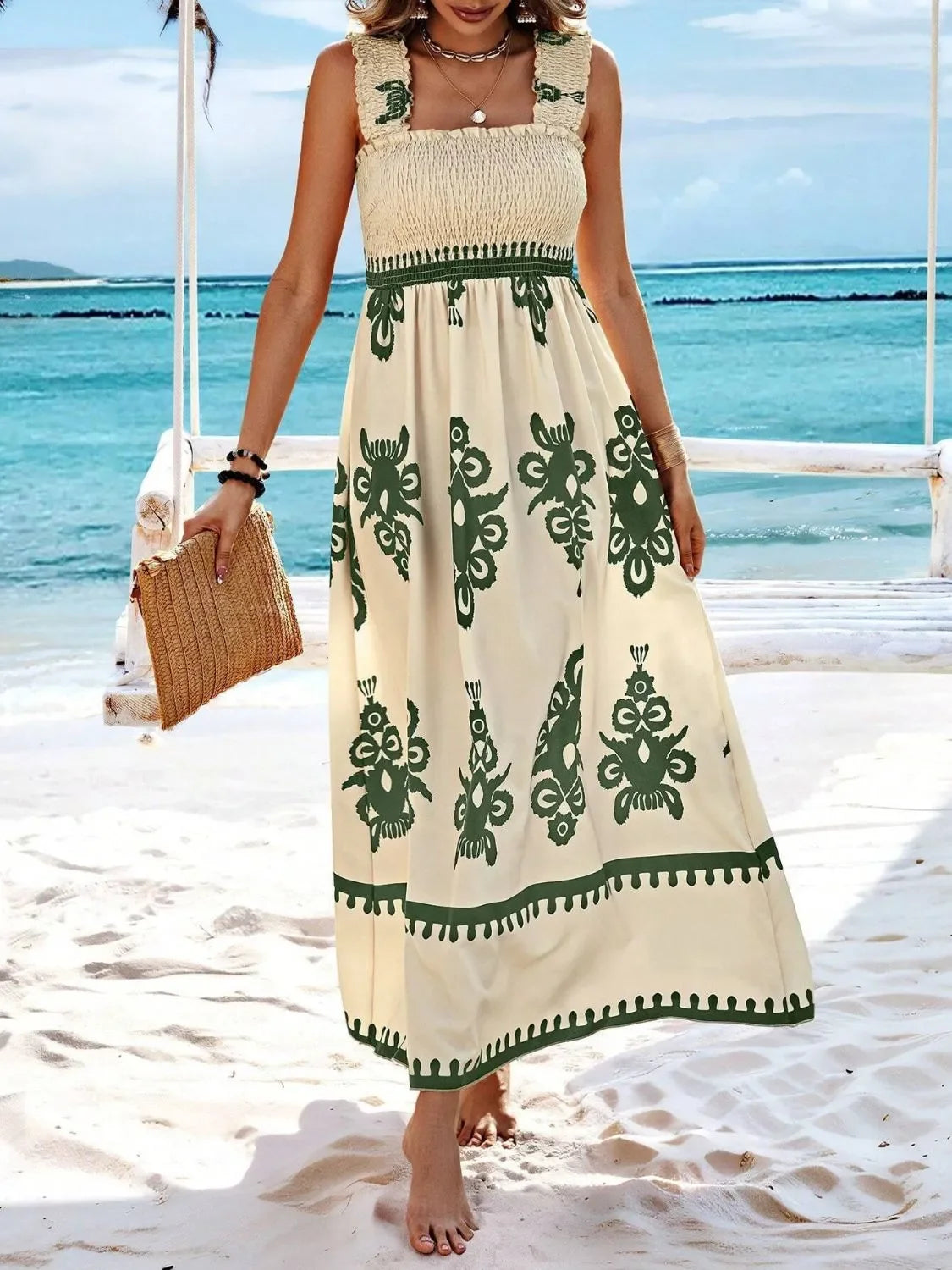 Smocked Printed Maxi Dress With Wide Straps Boho Style Details - Southern Shores Clothing